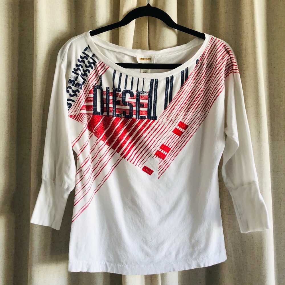 Diesel White Long-Sleeve Tee with Red and Navy Graphic